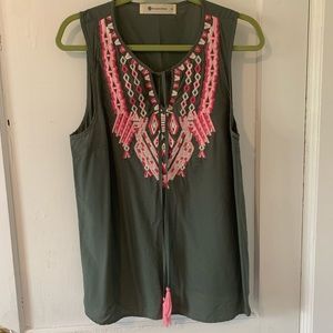 The impeccable pig uniform green shirt with pink embroidery. Size medium.